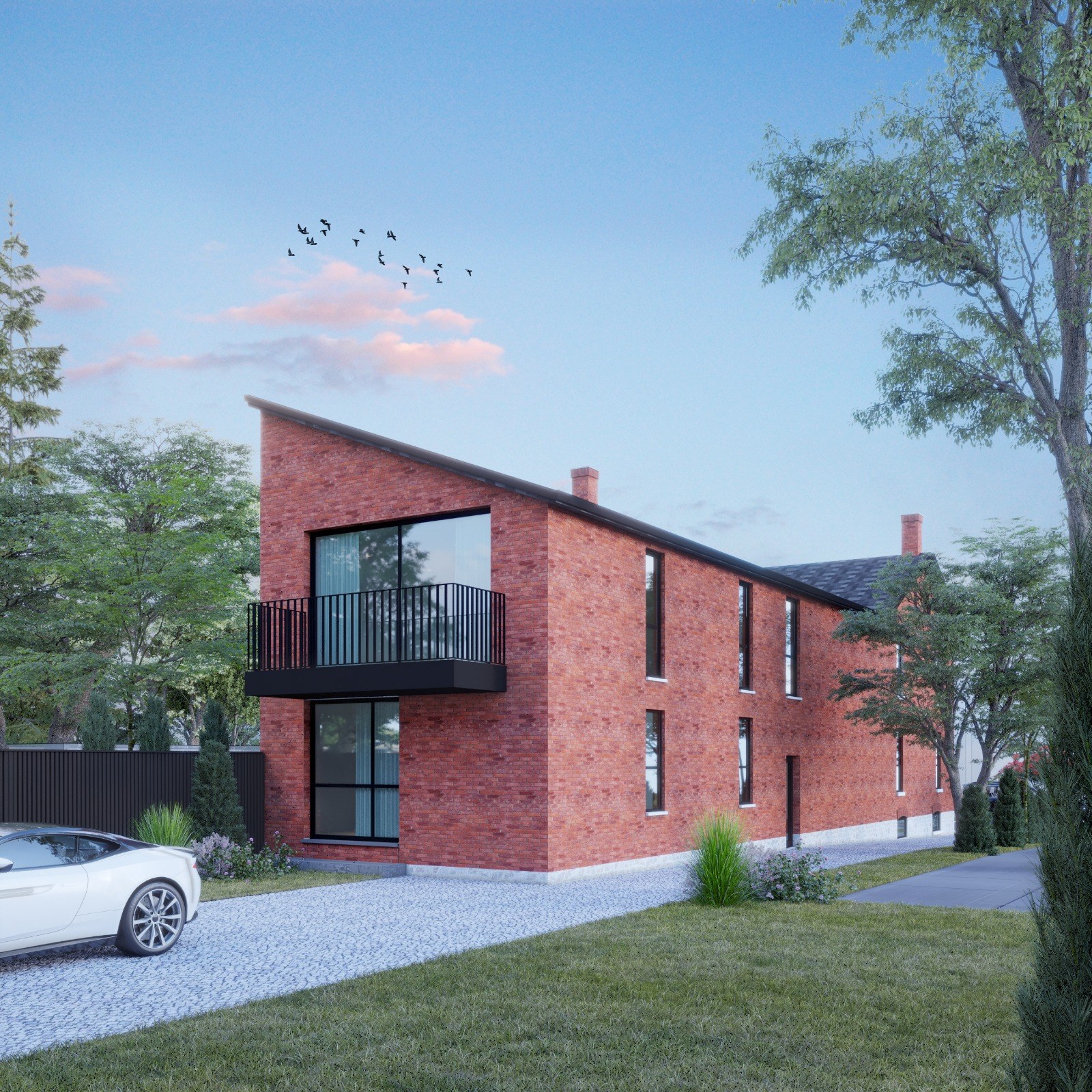 Rendering of the rear modern brick addition with angled roofline