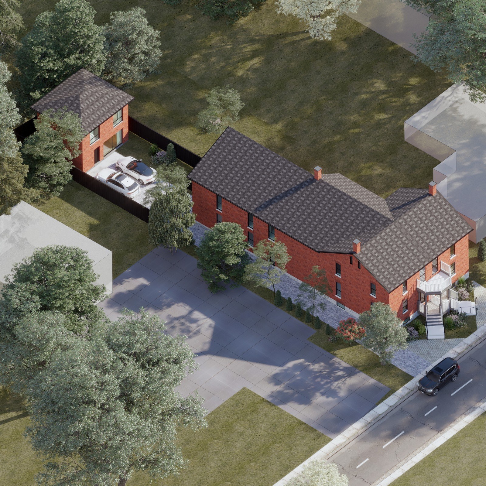 Aerial rendering of the completed development showing the heritage main building with rear addition and accessory dwelling at the rear of the lot