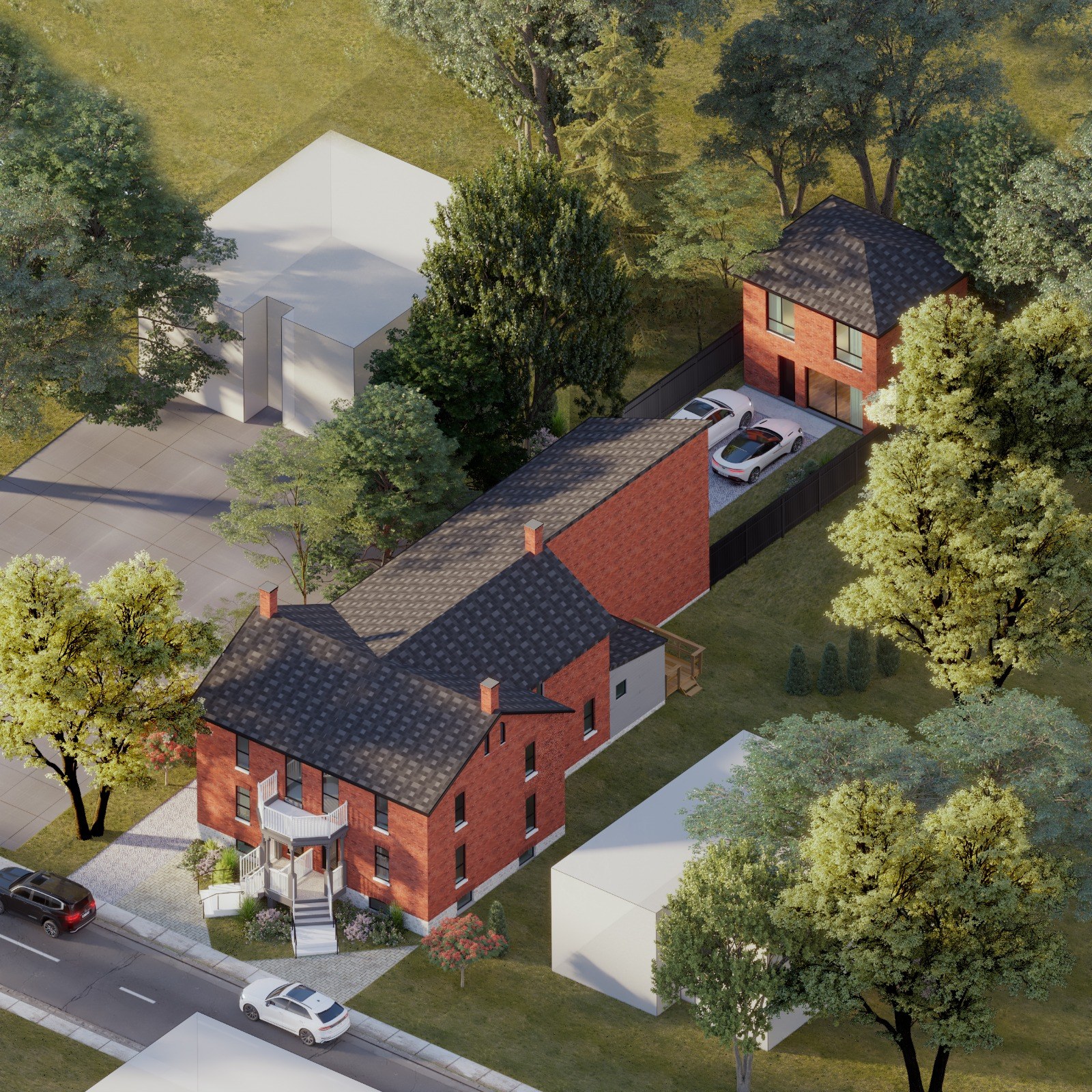 Wide aerial rendering of the completed development in context