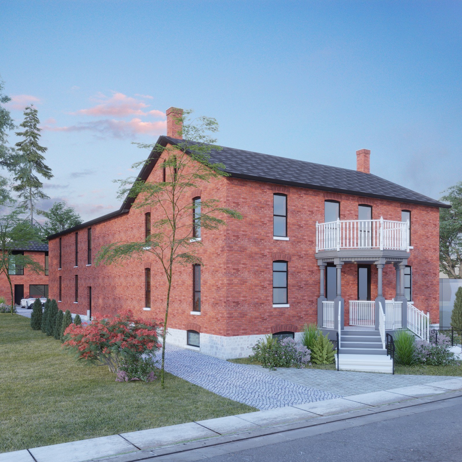 Rendering of the restored heritage facade at dusk